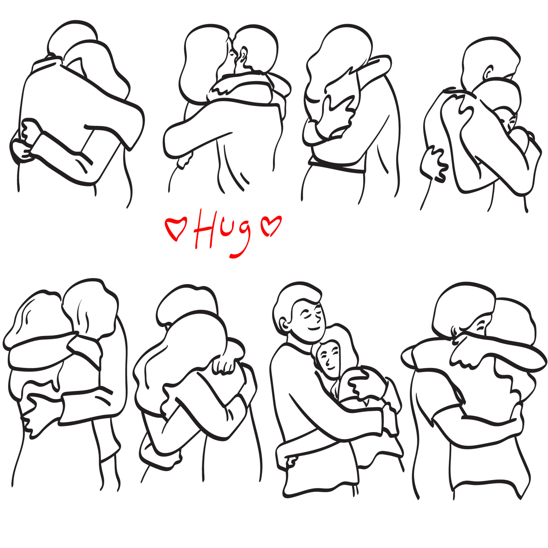 line art set of romantic couple hugging illustration vector hand