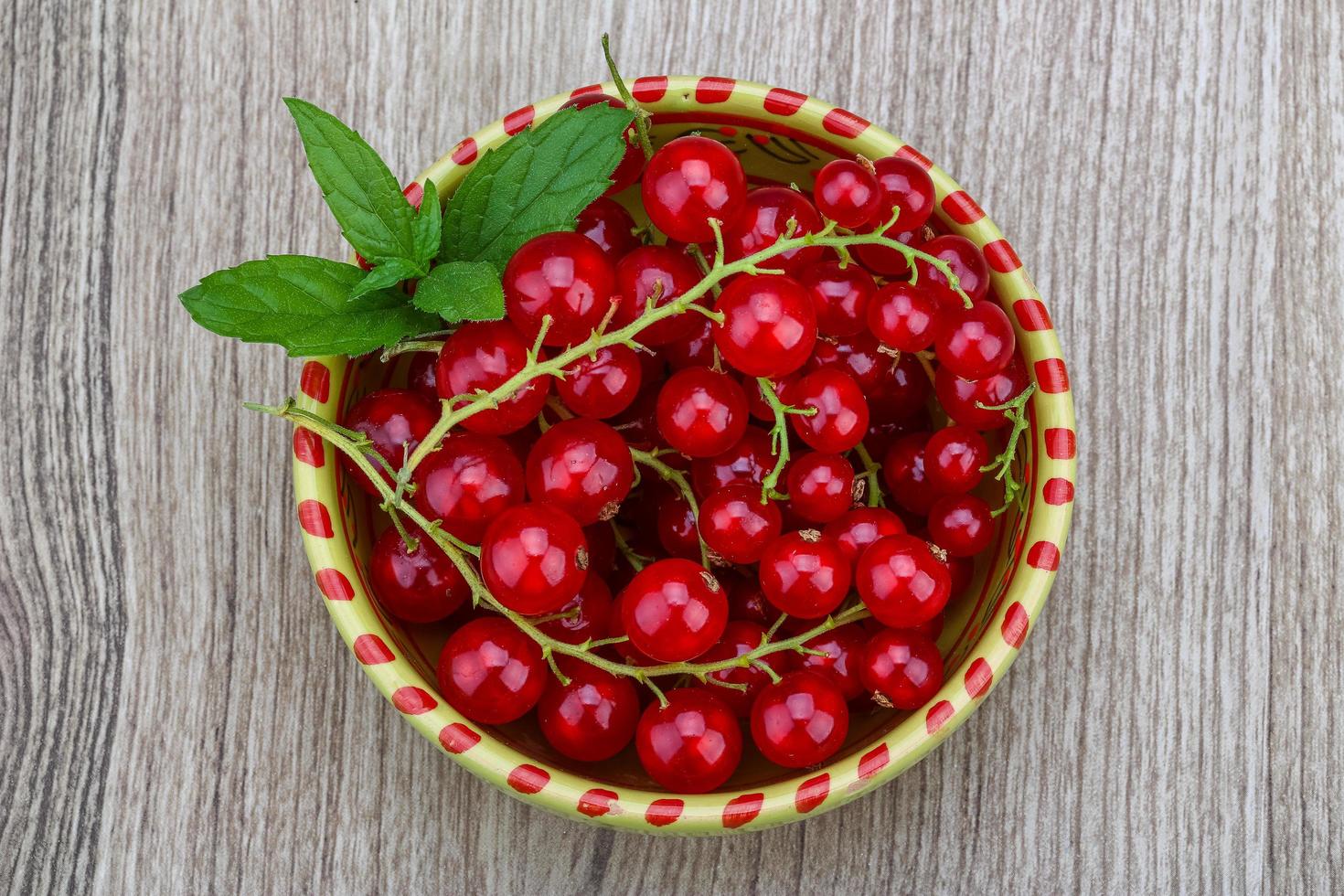 Red currants in a bowl on wooden background photo