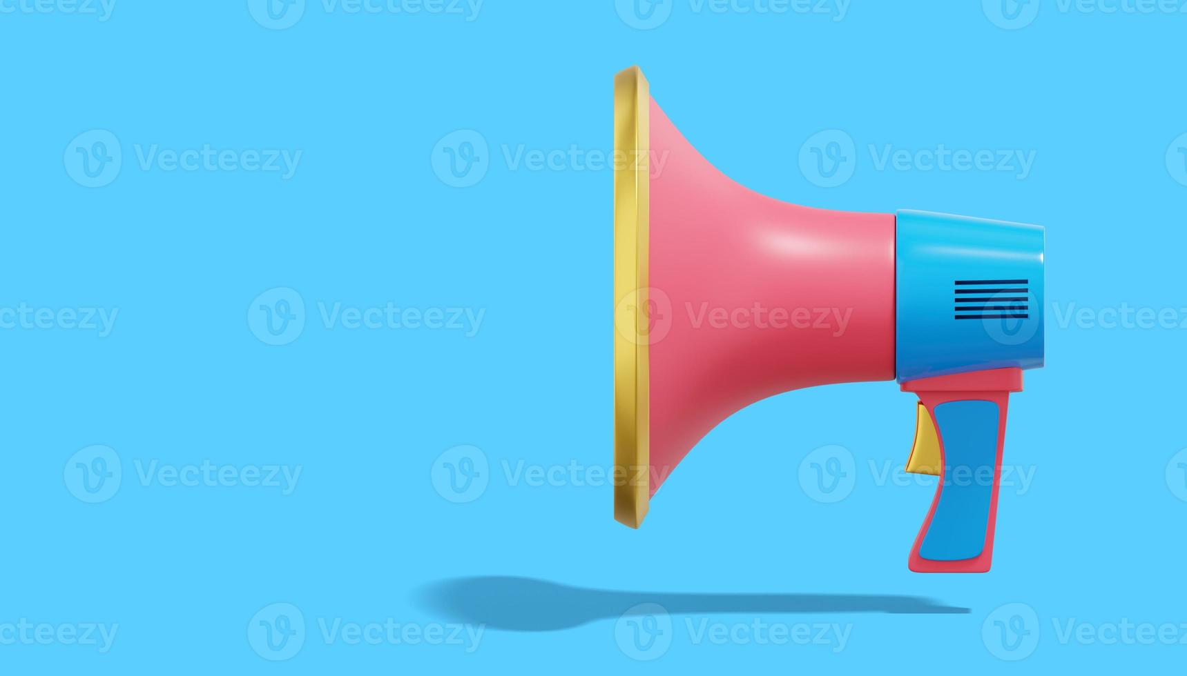 3d rendering. Multicolored megaphone on blue background with space for text. Side view. photo