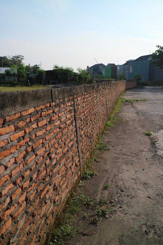 a long wall with red bricks on the edge of a rice field photo