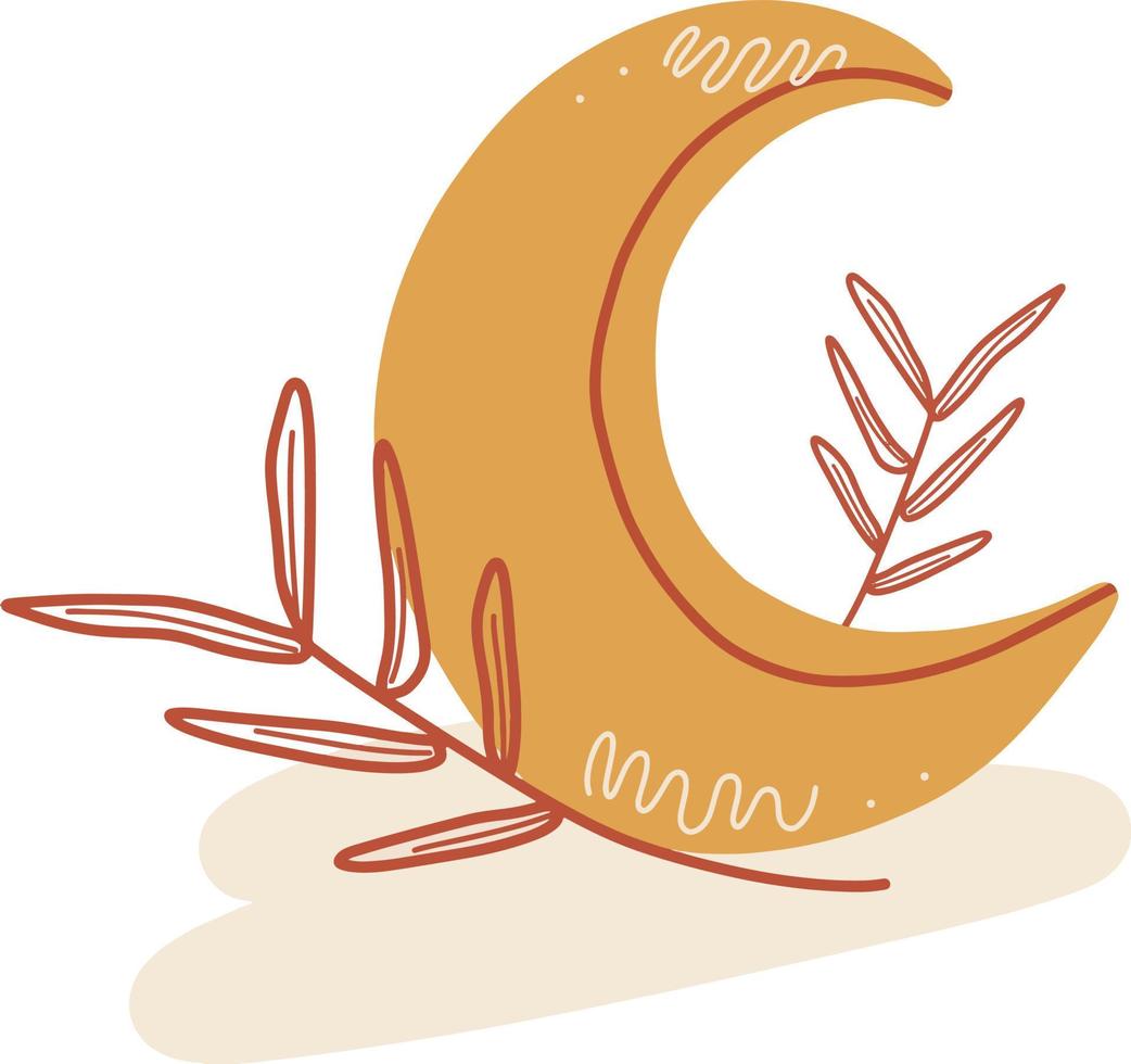 Cute Boho Crescent Moon and Leaves Hand Drawn Boho Illustration vector