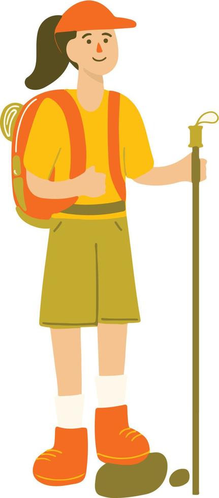 Fun Woman with Backpack and Tracking Pole Hand Drawn Summer Camp Illustration vector