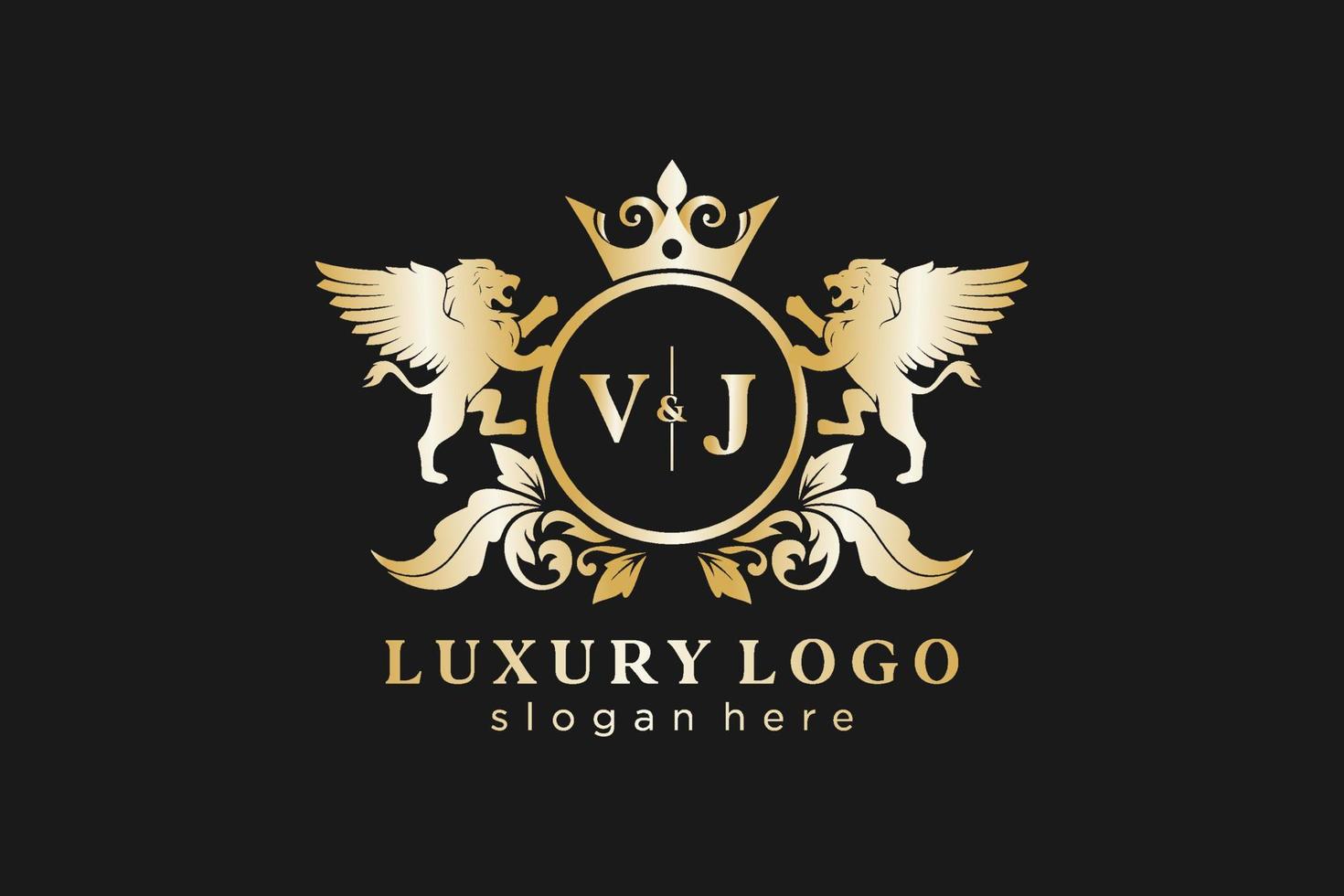 Initial VJ Letter Lion Royal Luxury Logo template in vector art for Restaurant, Royalty, Boutique, Cafe, Hotel, Heraldic, Jewelry, Fashion and other vector illustration.