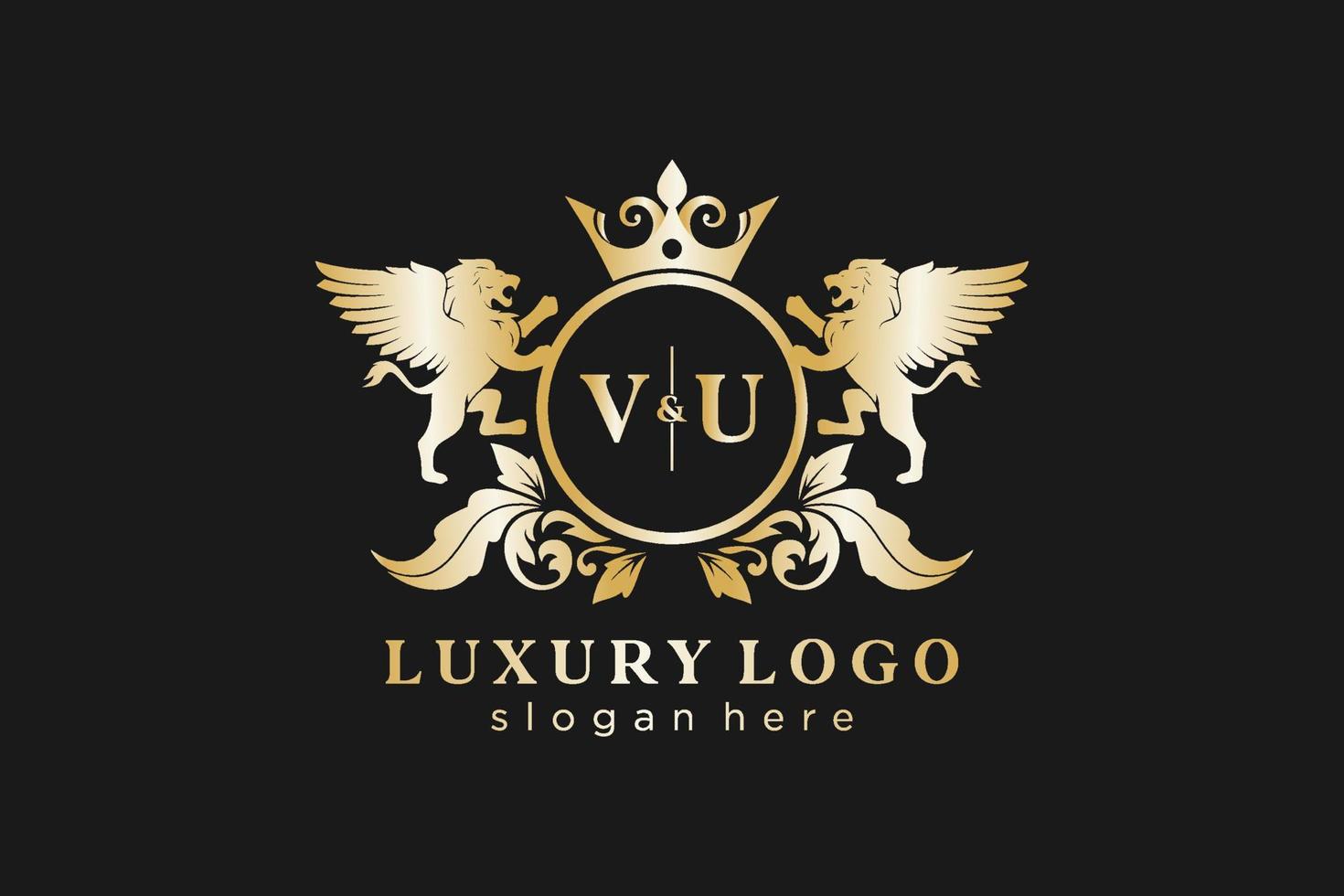 Initial VU Letter Lion Royal Luxury Logo template in vector art for Restaurant, Royalty, Boutique, Cafe, Hotel, Heraldic, Jewelry, Fashion and other vector illustration.