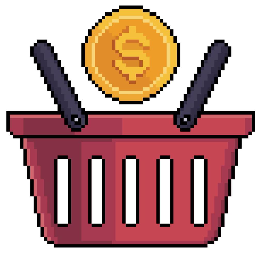 Pixel art shopping basket with coin vector icon for 8bit game on white background