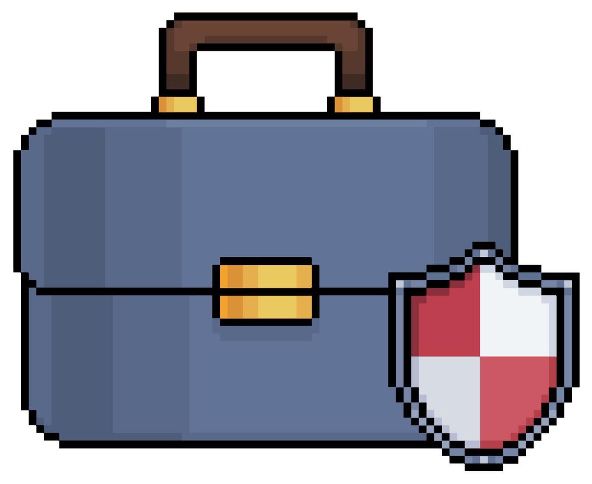 Pixel art briefcase with security shield vector icon for 8bit game on white background