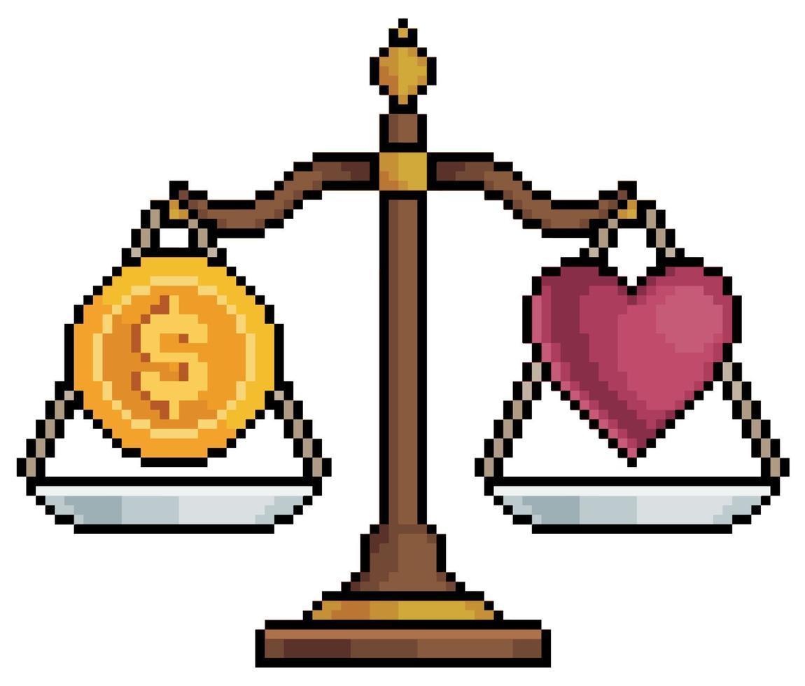 Pixel art scales with money and heart, scales of law vector icon for 8bit game on white background