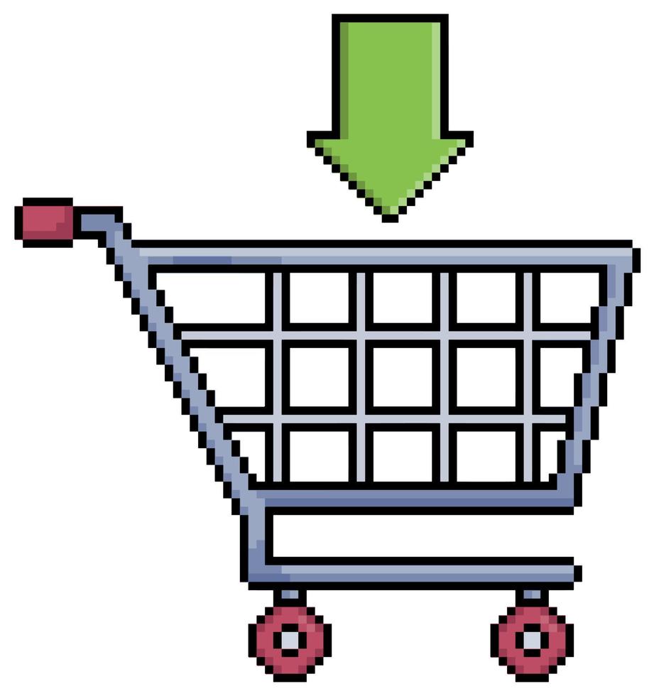 Pixel art supermarket cart with add arrow, shopping cart vector icon for 8bit game on white background