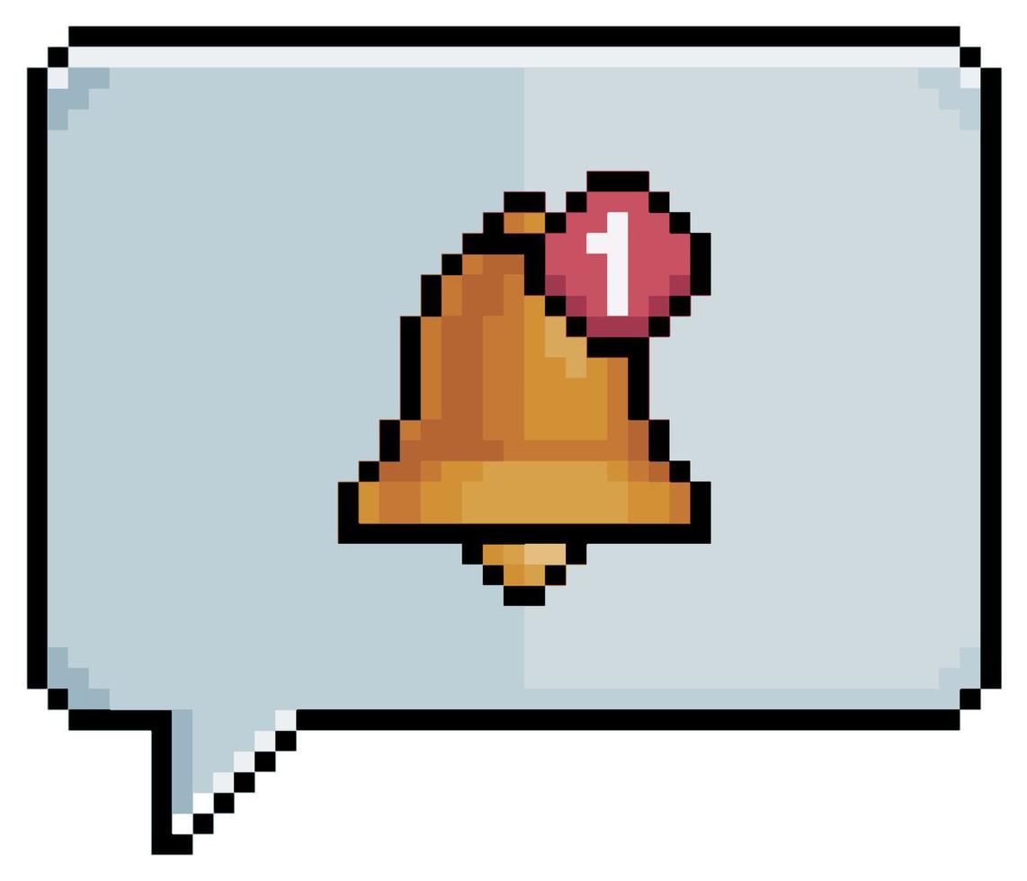 Pixel art speech bubble with bell and notification icon vector icon for 8bit game on white background