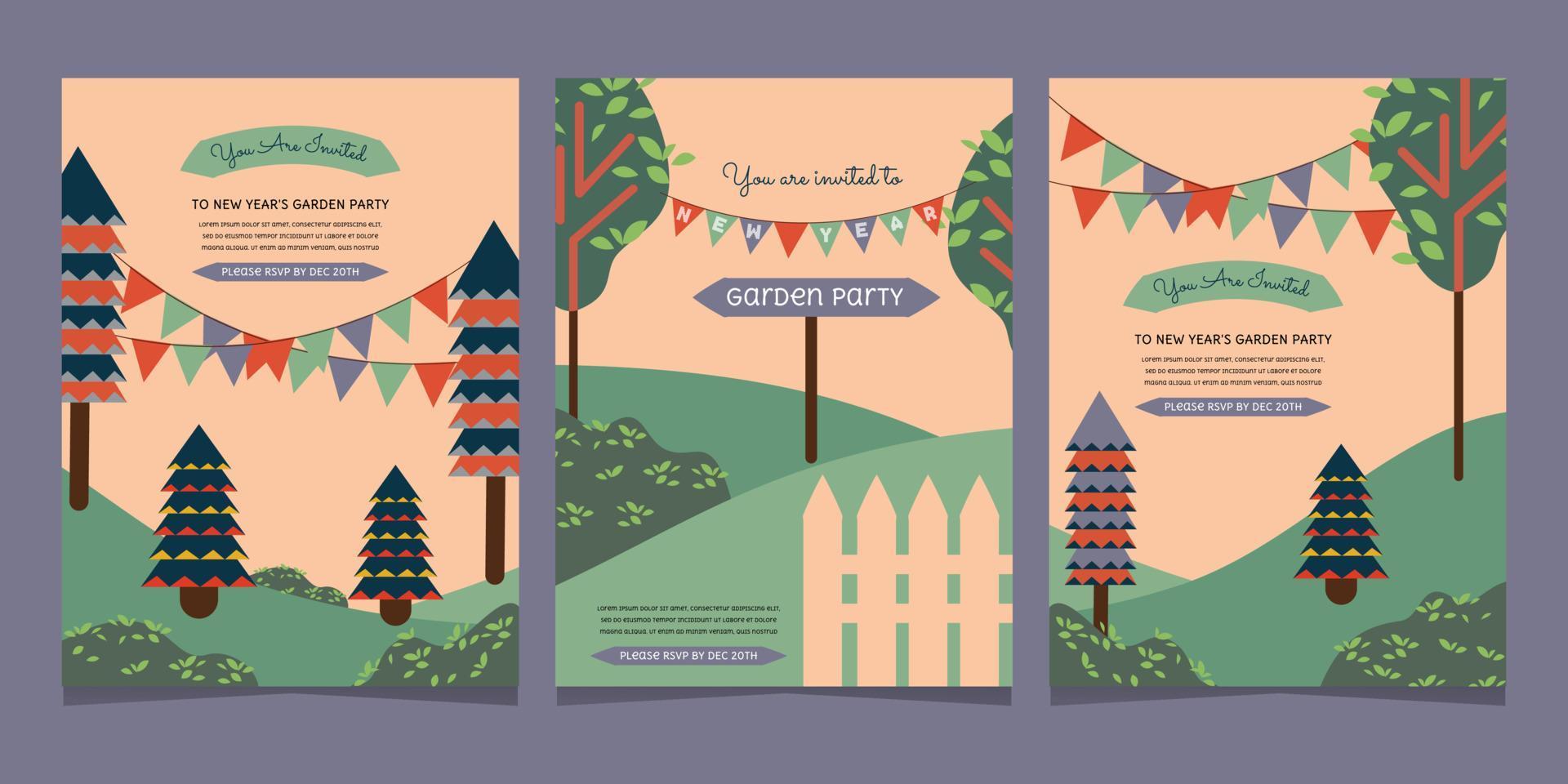 Set of party invitation set. garden party, christmas or new year party. vector illustration for invitation, poster, post card or greeting card.