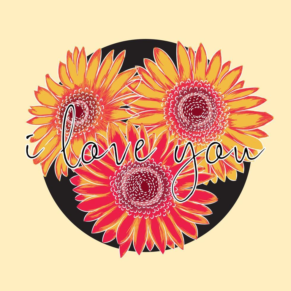 Pink and Yellow Daisy flower on round border frame with i love you text. Vector design illustration