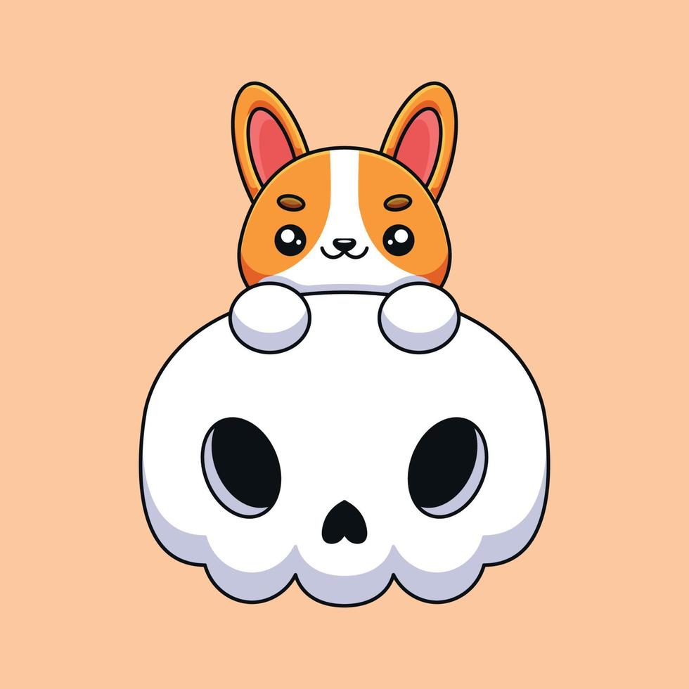 cute skull corgi halloween cartoon mascot doodle art hand drawn concept vector kawaii icon illustration