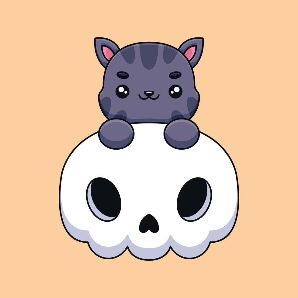 cute skull cat halloween cartoon mascot doodle art hand drawn concept vector kawaii icon illustration