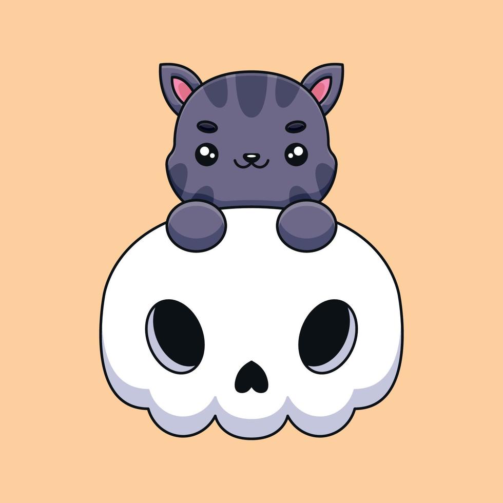 lindo cráneo gato halloween dibujos animados mascota garabato arte dibujado a mano concepto vector kawaii icono ilustración