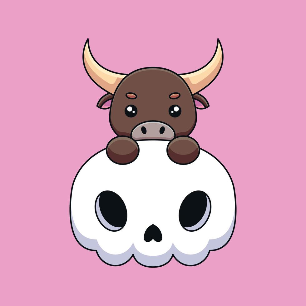 lindo cráneo toro halloween dibujos animados mascota garabato arte dibujado a mano concepto vector kawaii icono ilustración