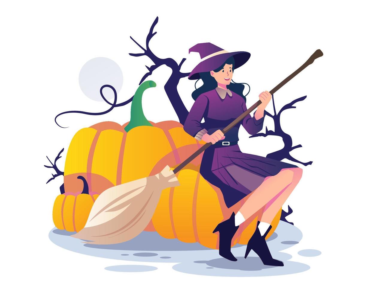 Witch holding a broomstick and sitting on a giant Halloween pumpkin. Young Woman in a witch costume with Hat. Vector illustration in flat style