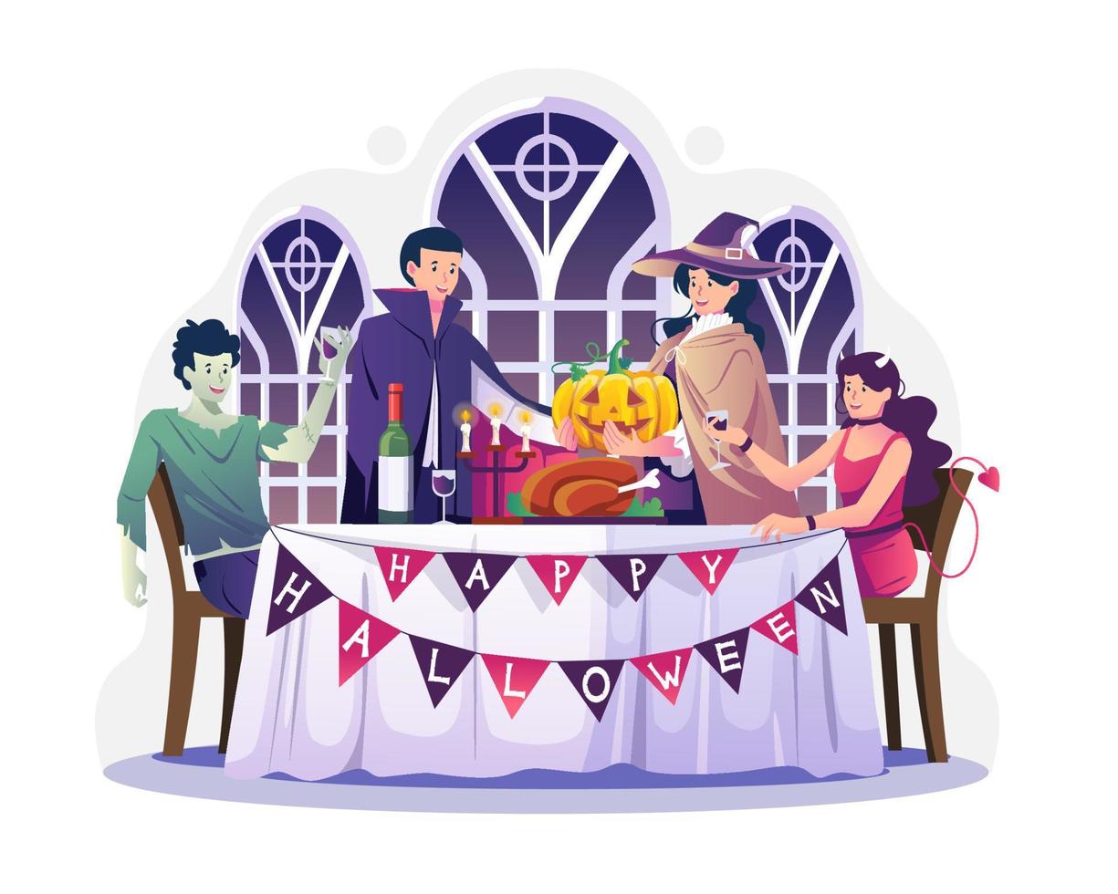 la gente disfrazada cena en la mesa la noche de halloween. feliz celebración de la fiesta de halloween. ilustración vectorial en estilo plano vector