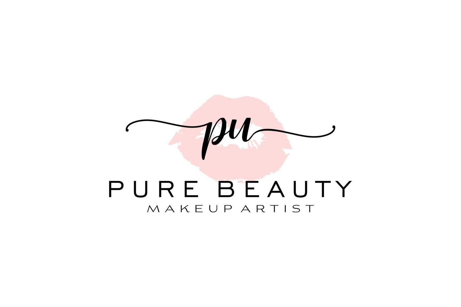 Initial PU Watercolor Lips Premade Logo Design, Logo for Makeup Artist Business Branding, Blush Beauty Boutique Logo Design, Calligraphy Logo with creative template. vector