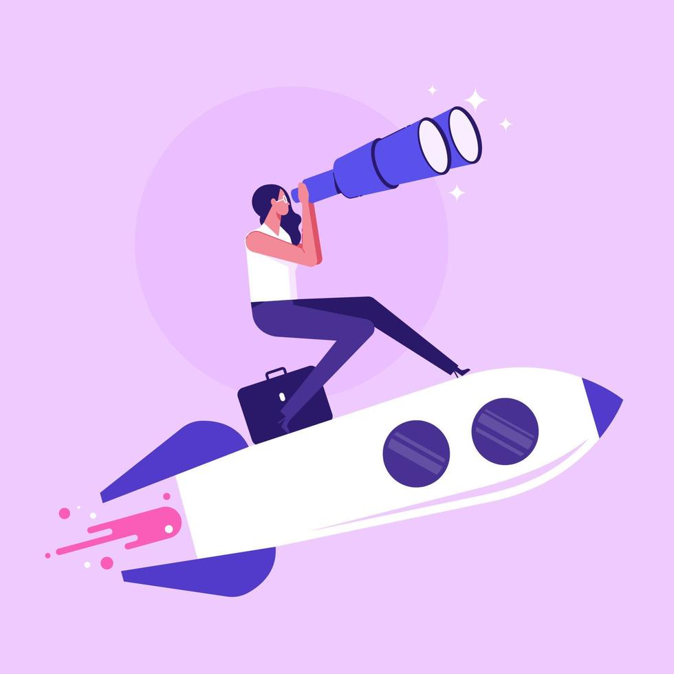Businesswoman with binoculars is flying on a rocket. Vector illustration about the search for a successful idea