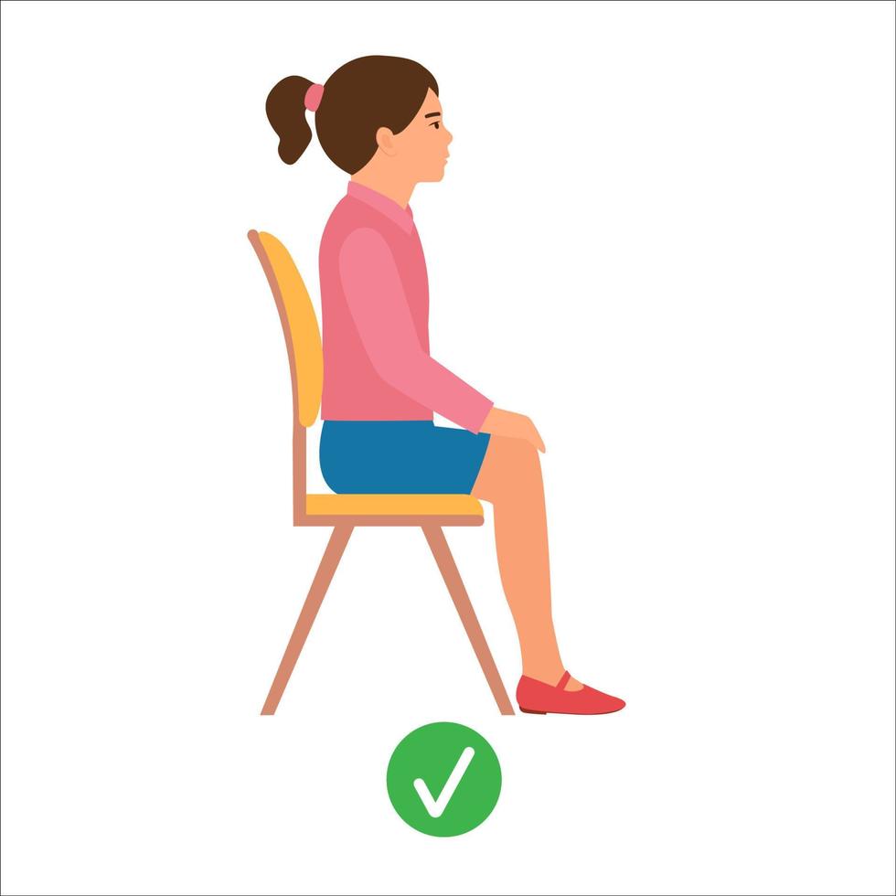 Correct sitting position. Medical infographics with a child's spine sitting correctly on a chair. Vector illustration isolated