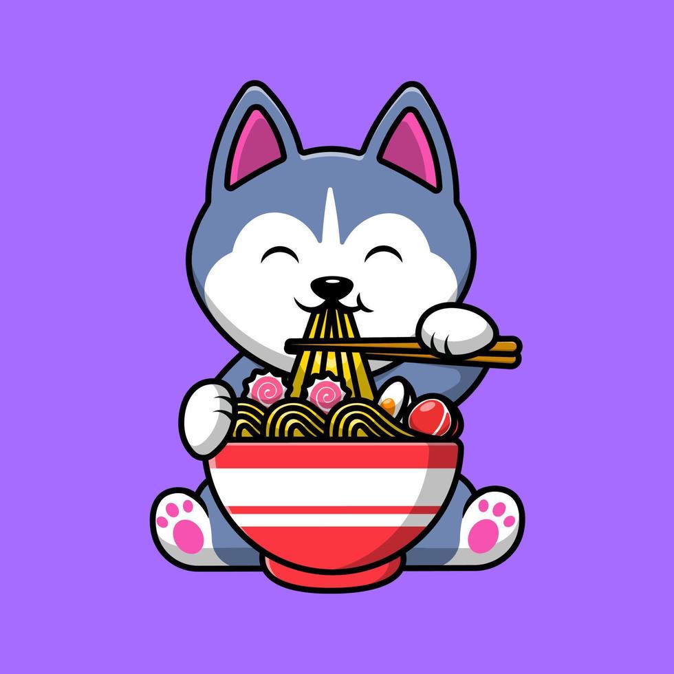 Lindo perro husky comiendo ilustración de iconos de vector de dibujos animados de fideos ramen. concepto de caricatura plana. adecuado para cualquier proyecto creativo.