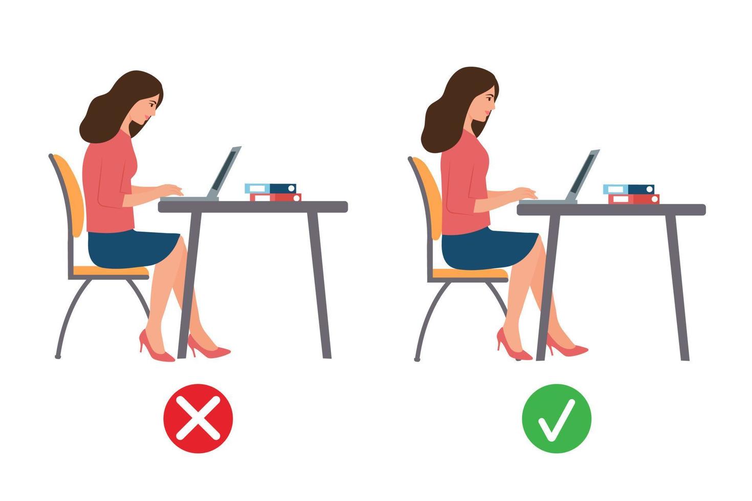 postura sentada correcta e incorrecta en la computadora portátil. mujer de negocios en la mesa que trabaja en la oficina. diseño plano, ilustración vectorial vector