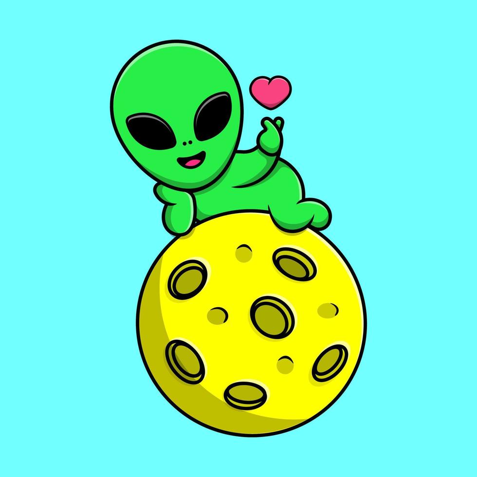 Cute Alien On Moon With Love Sign Hand Cartoon Vector Icons Illustration. Flat Cartoon Concept. Suitable for any creative project.