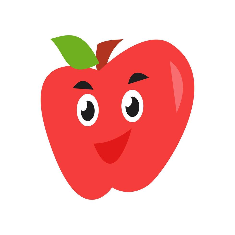 lindo personaje de manzana. Aislado en un fondo blanco. adecuado para mascota, libro infantil, icono, diseño de camisetas, etc. fruta, comida, vegetariano, concepto de salud. ilustración de diseño de vector plano