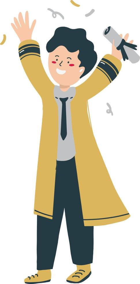 Playful Boy Raising a Rolled Certificate Hand Drawn Graduation Illustration vector