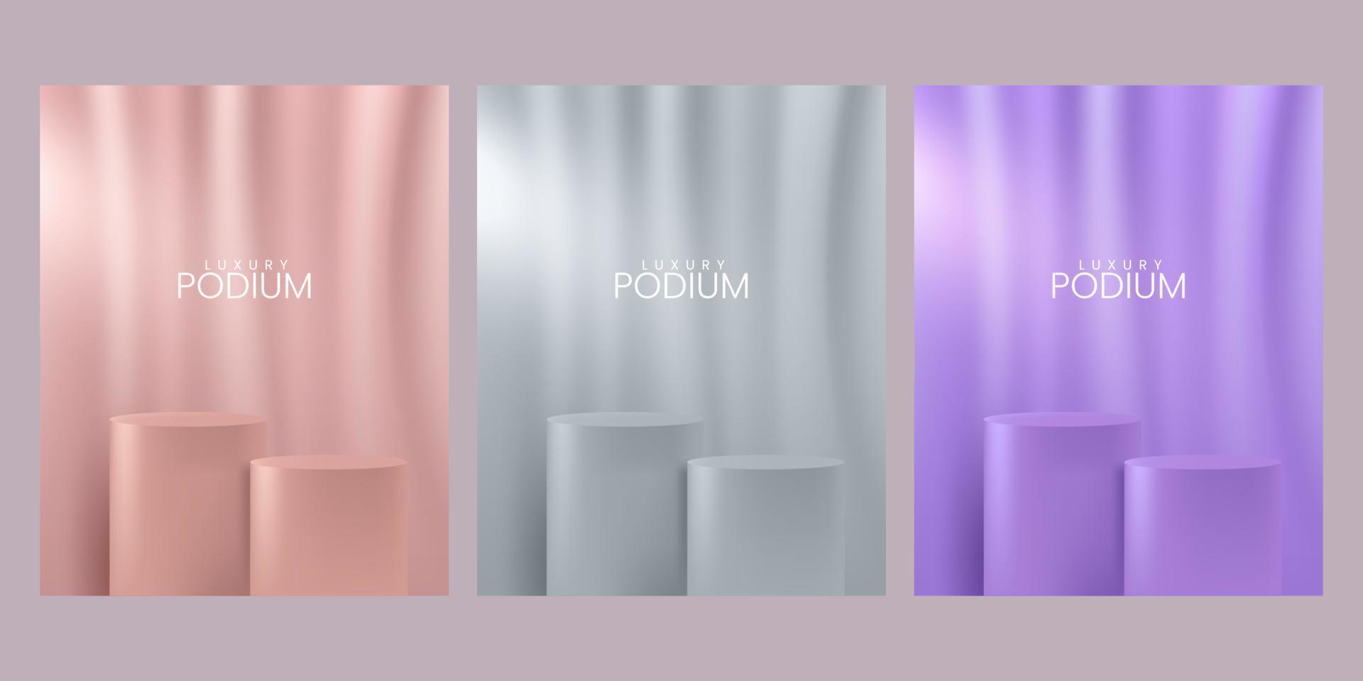 moderno podio de pedestal de cilindro rosa gris púrpura, habitación vacía abstracta con decoración de cortinas vector