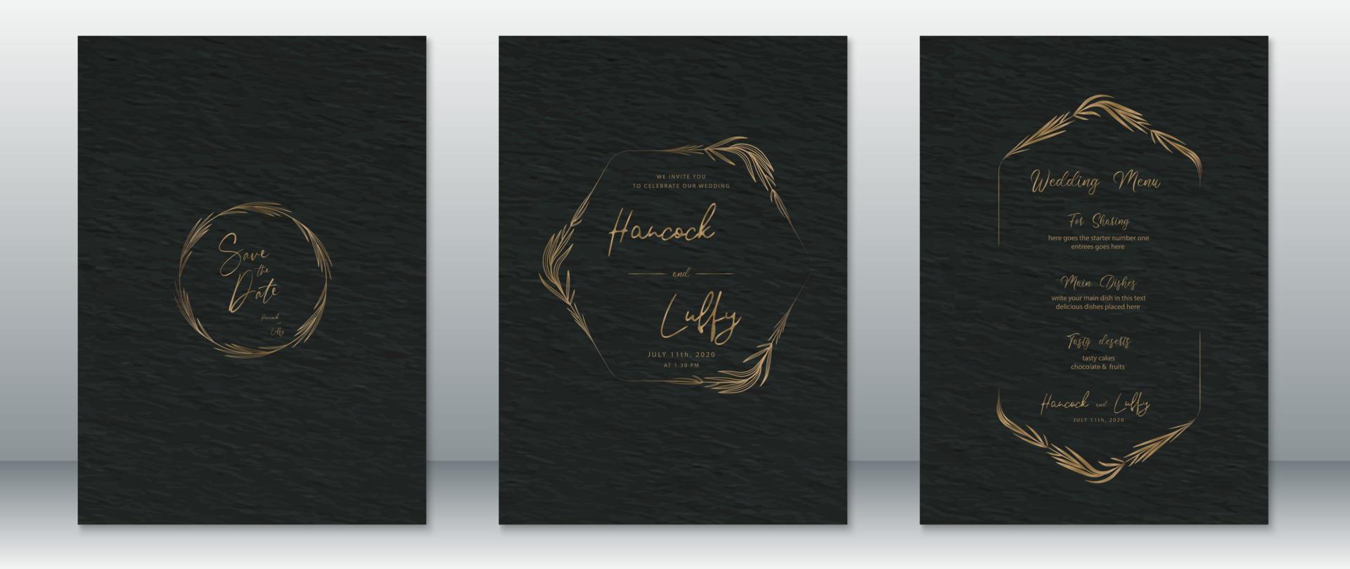 plantilla de tarjeta de invitación de boda de lujo con diseño en negro y dorado vector