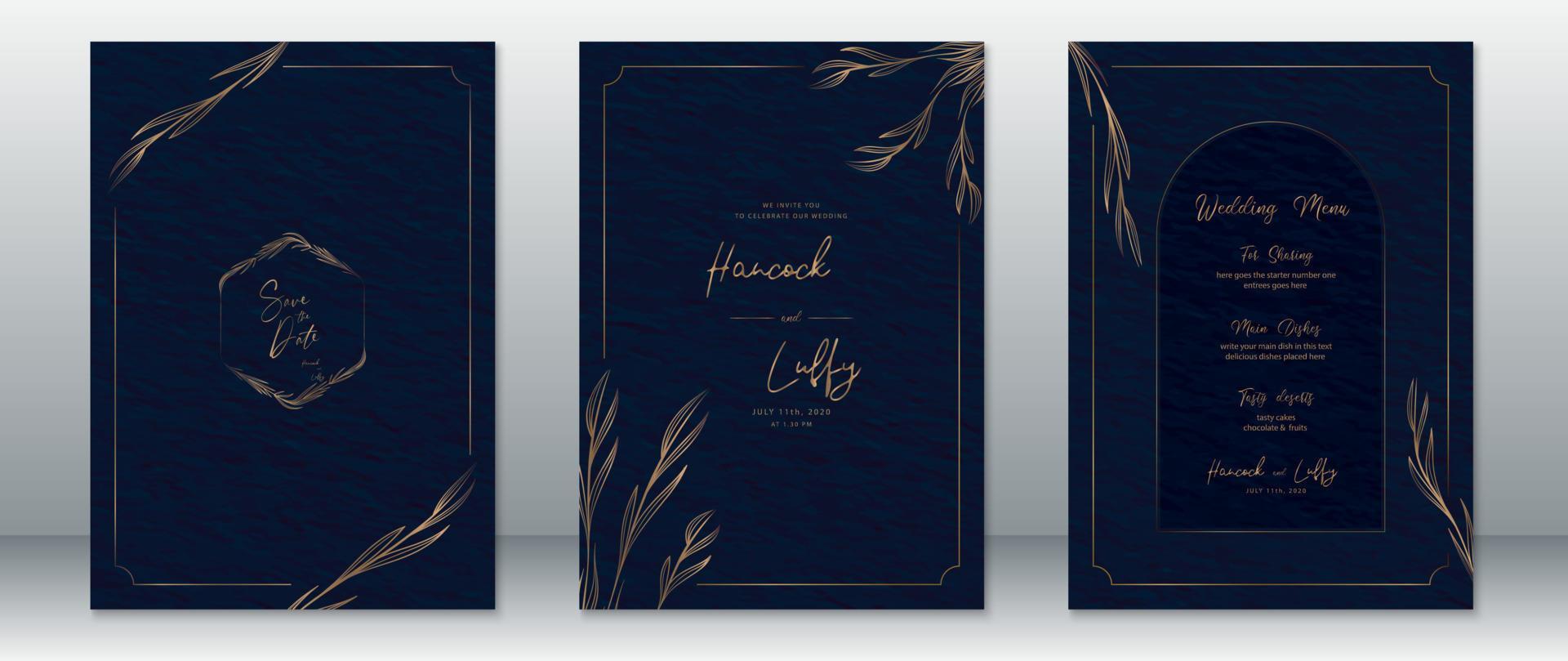 Wedding invitation card template luxury with dark navy background vector