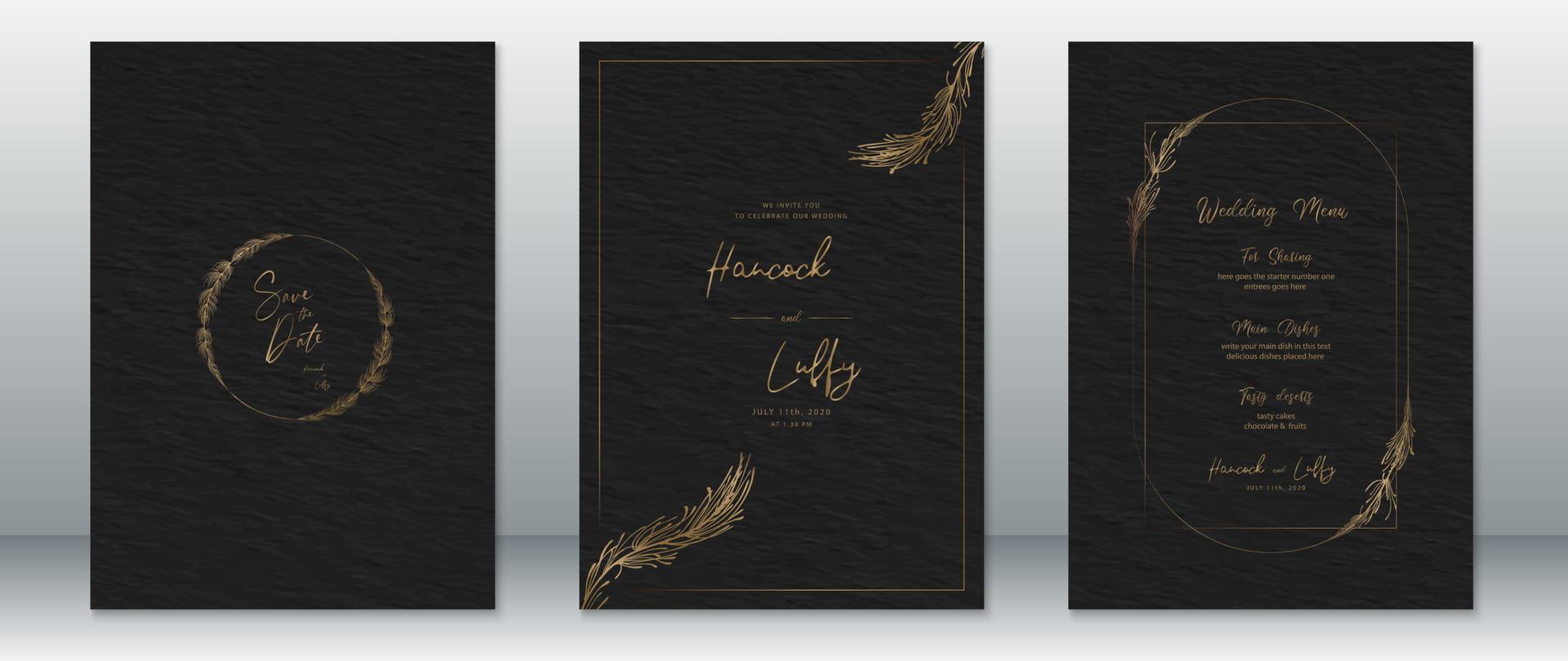 plantilla de tarjeta de invitación de boda de lujo con diseño en negro y dorado vector