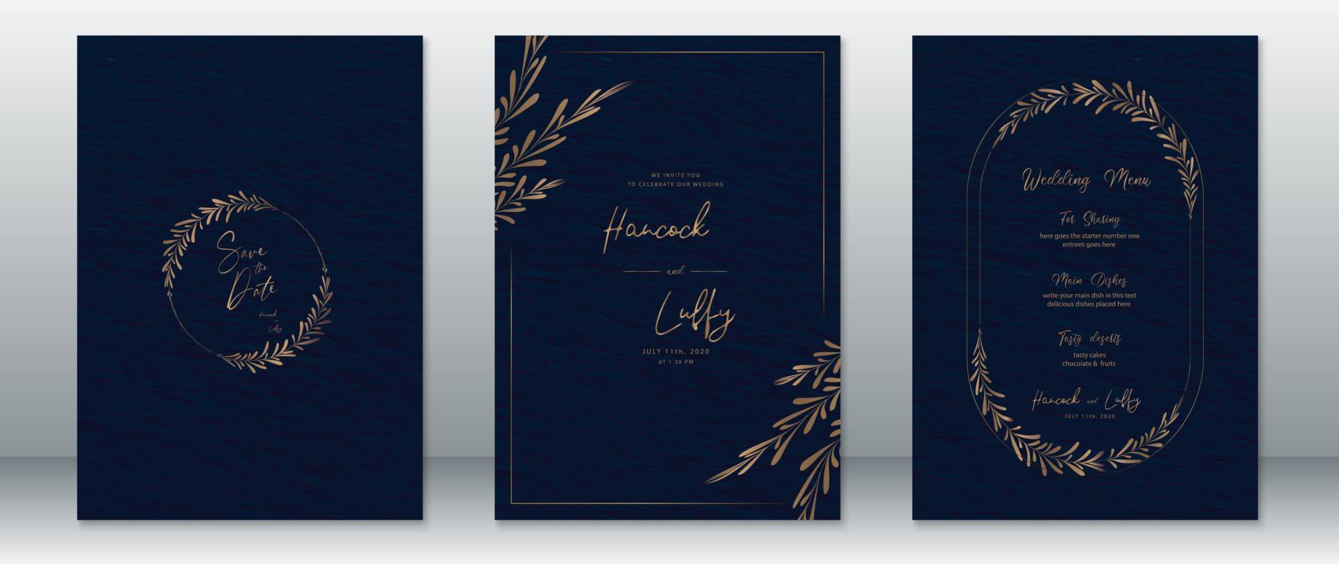 Wedding invitation card template luxury with dark navy background vector