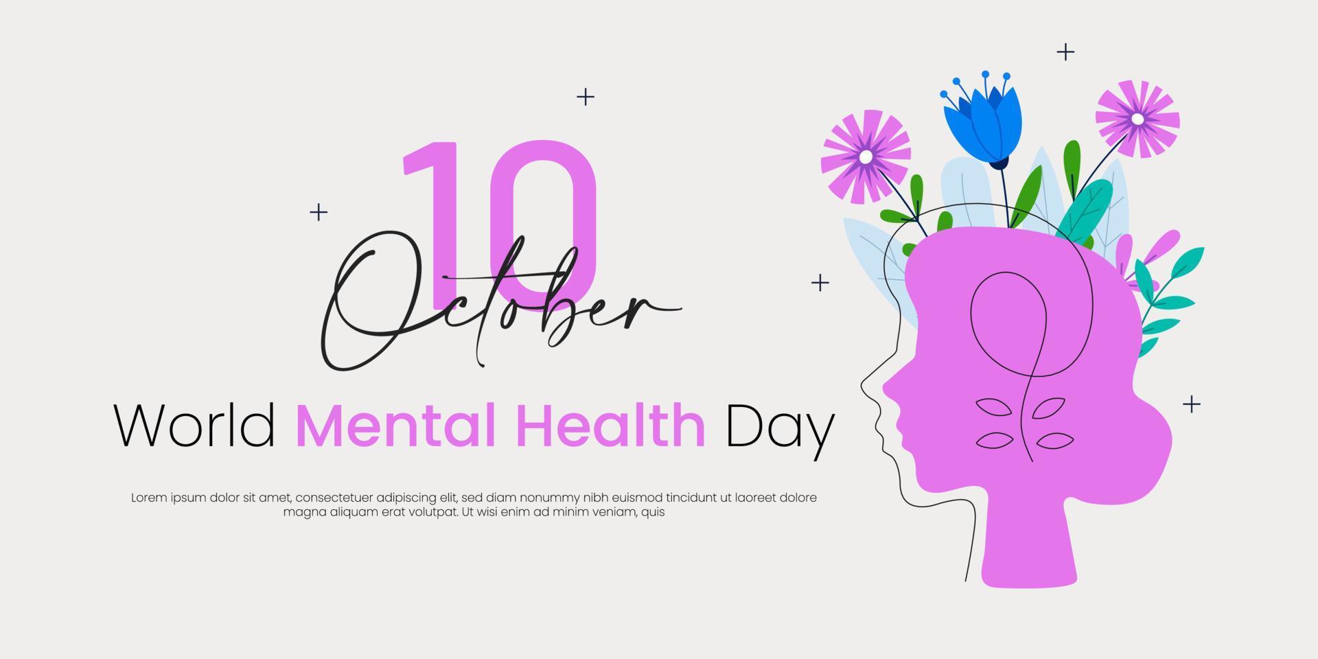 El día mundial de la salud mental se celebra todos los años el 10 de octubre, una enfermedad mental es un problema de salud que afecta significativamente cómo una persona se siente, piensa, se comporta e interactúa con otras personas. vector