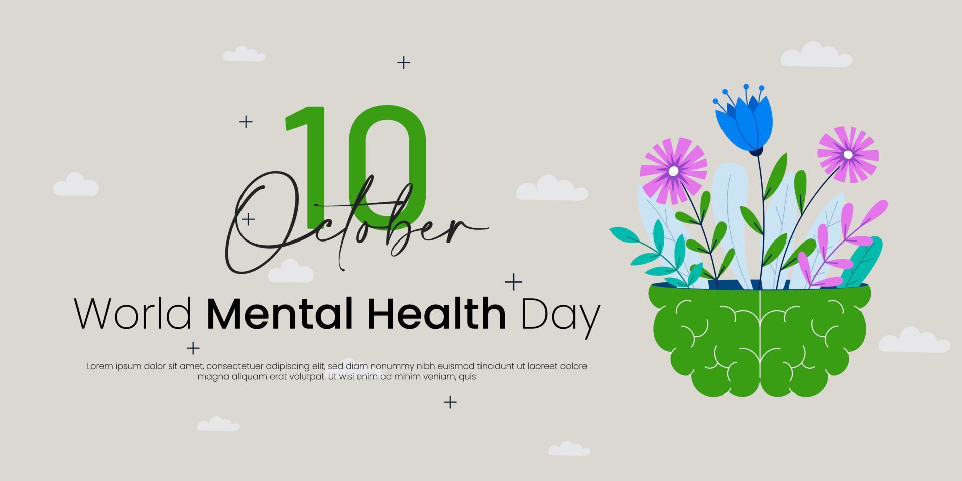 El día mundial de la salud mental se celebra todos los años el 10 de octubre, una enfermedad mental es un problema de salud que afecta significativamente cómo una persona se siente, piensa, se comporta e interactúa con otras personas. bandera. vector