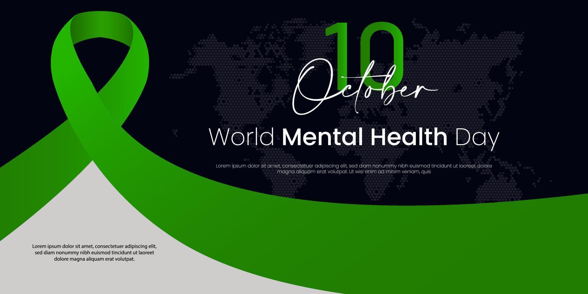 día mundial de la salud mental con cinta verde. Una enfermedad mental es un problema de salud que afecta significativamente cómo una persona se siente, piensa, se comporta e interactúa con otras personas. vector