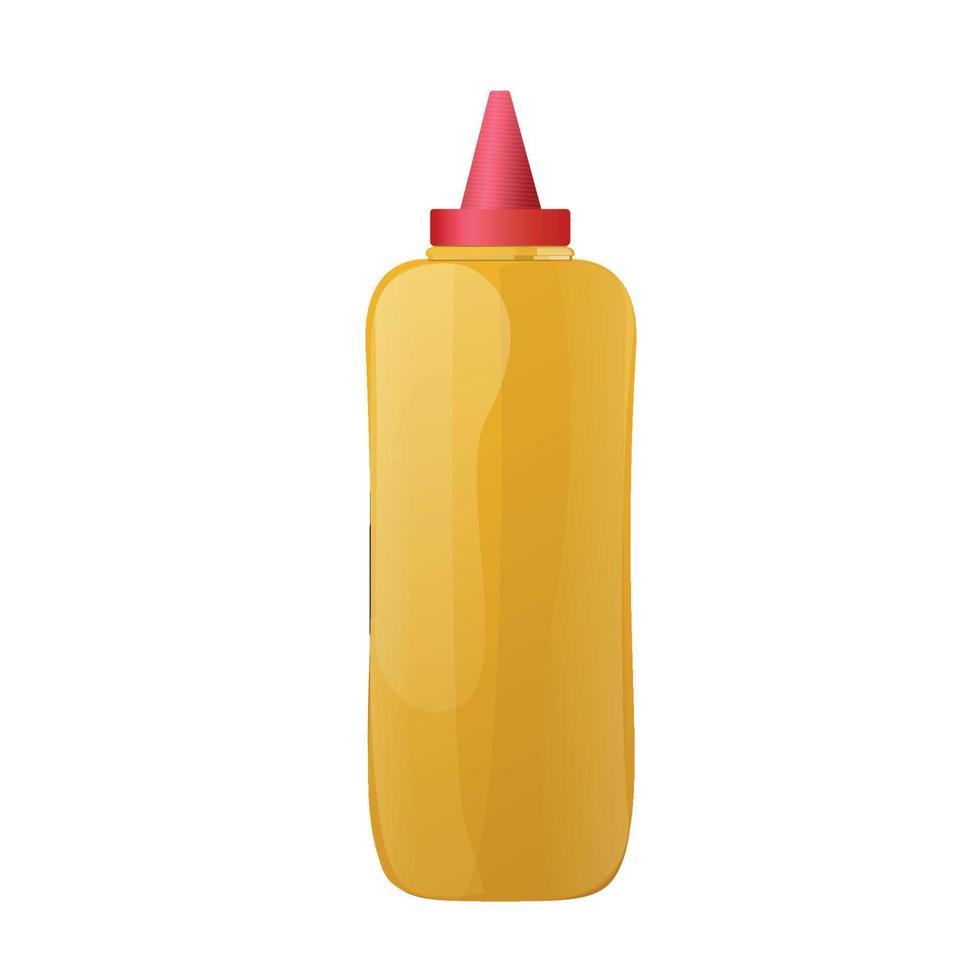 Mustard in yellow bottle. Dijon honey sauce cream. Vector design in cartoon style for food branding.