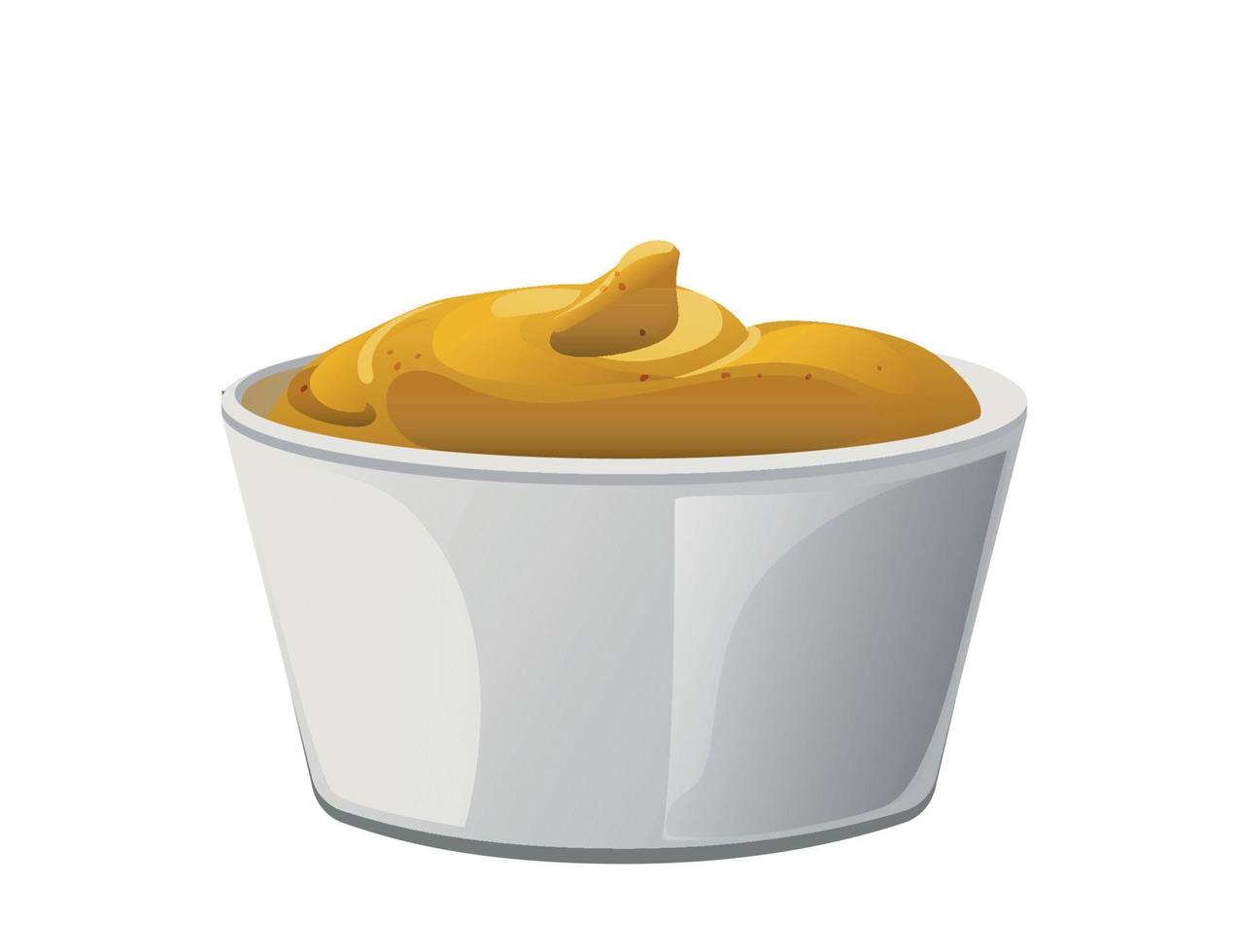 Mustard portion in the bowl. Dijon honey sauce cream. Vector design in cartoon style for food branding.