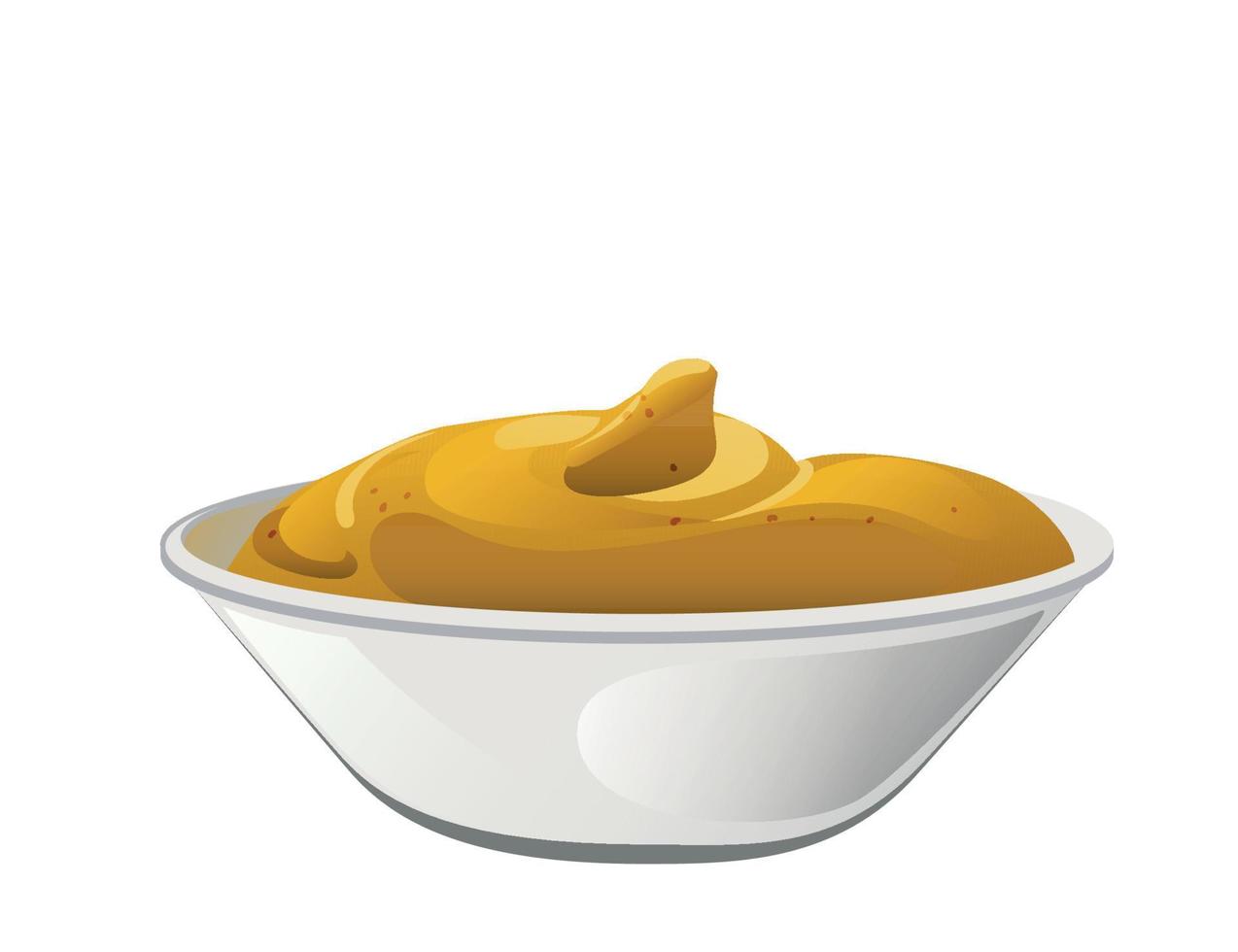 Mustard portion in the bowl. Dijon honey sauce cream. Vector design in cartoon style for food branding.