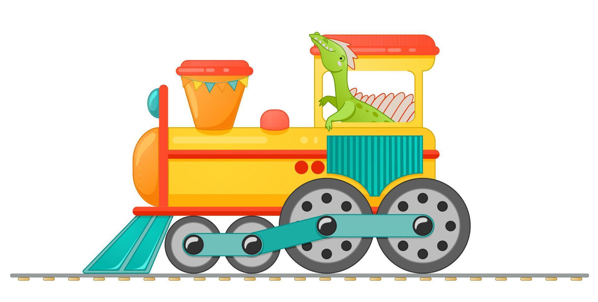 Train with cute little dinosaur in cartoon style. vector