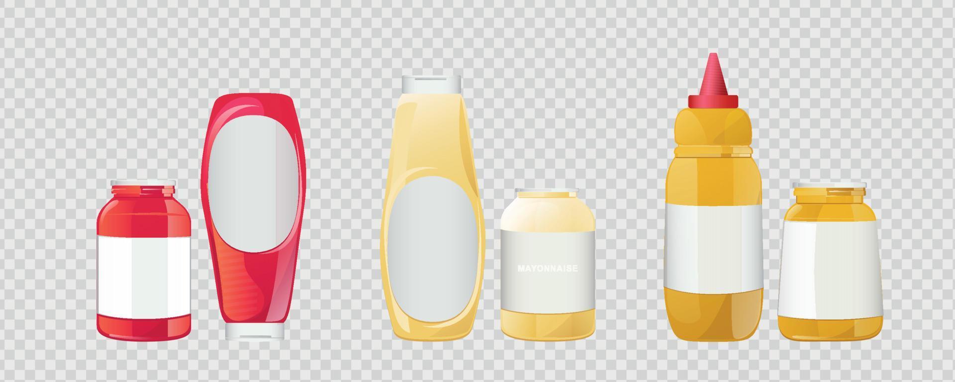 Ketchup, mayonnaise, mustard sauces set. Realistic vector illustration isolated on white background.