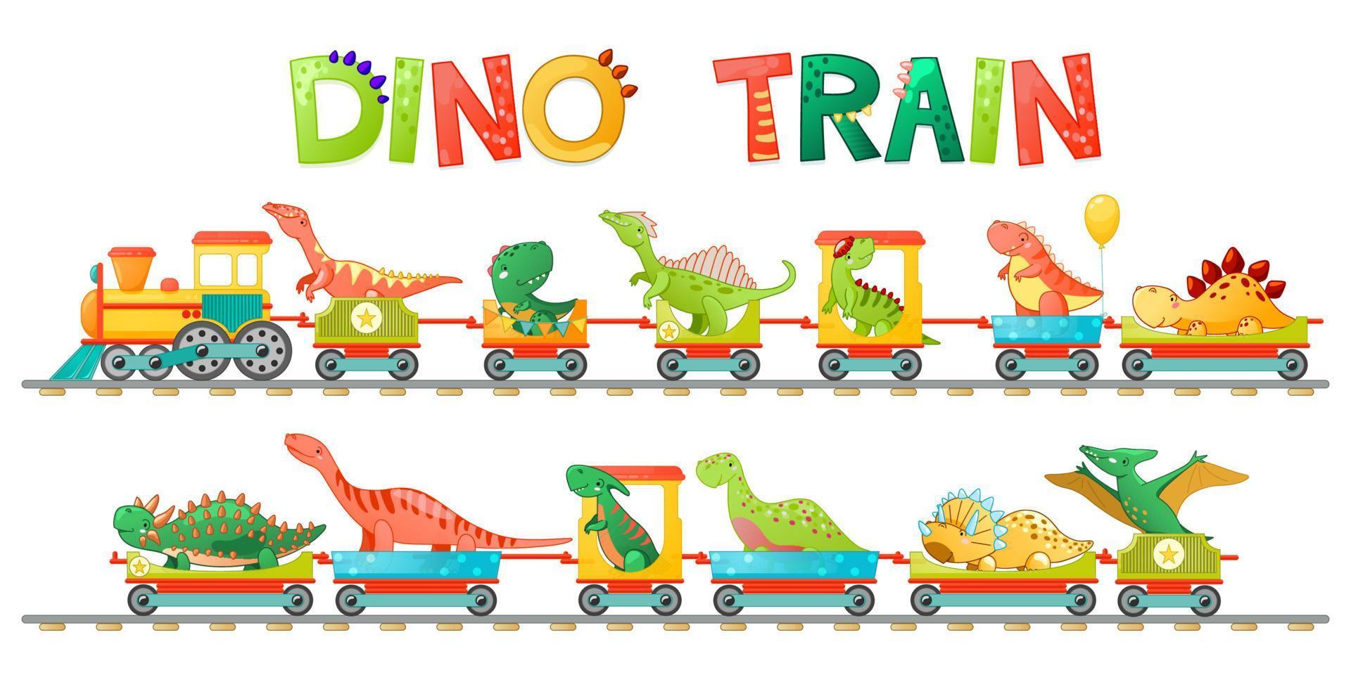 Train with cute little dinosaur in cartoon style. vector