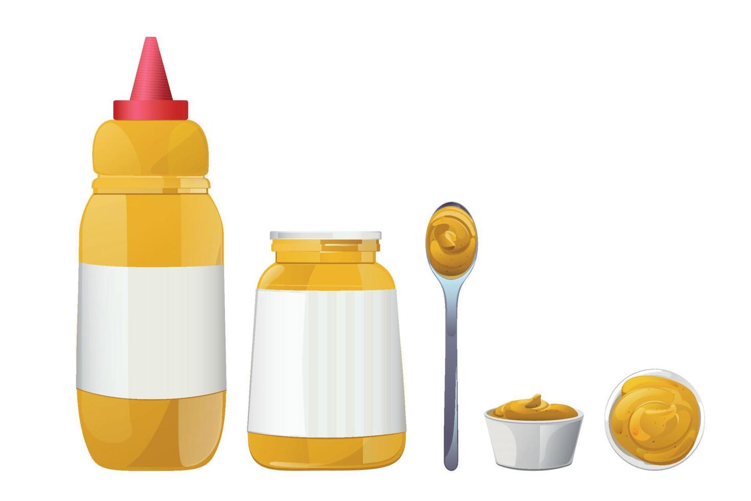 Mustard bottles and splashes set. Dijon honey sauce cream. Vector design in cartoon style for food branding.