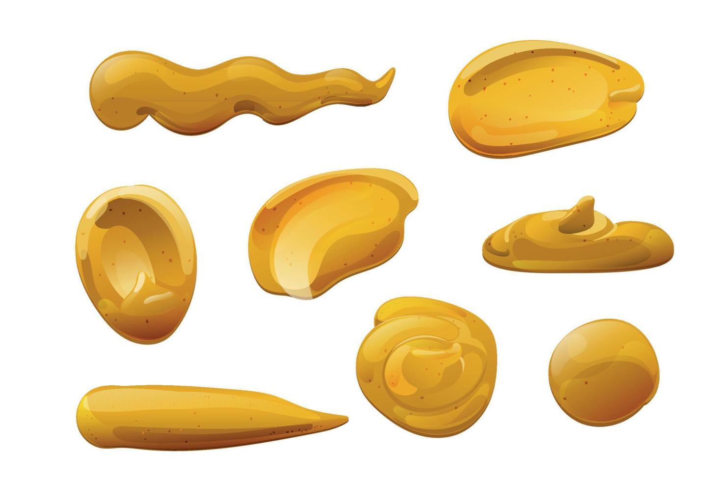 Mustard yellow stains and spashes set. Dijon honey sauce cream. Vector design in cartoon style for food branding.