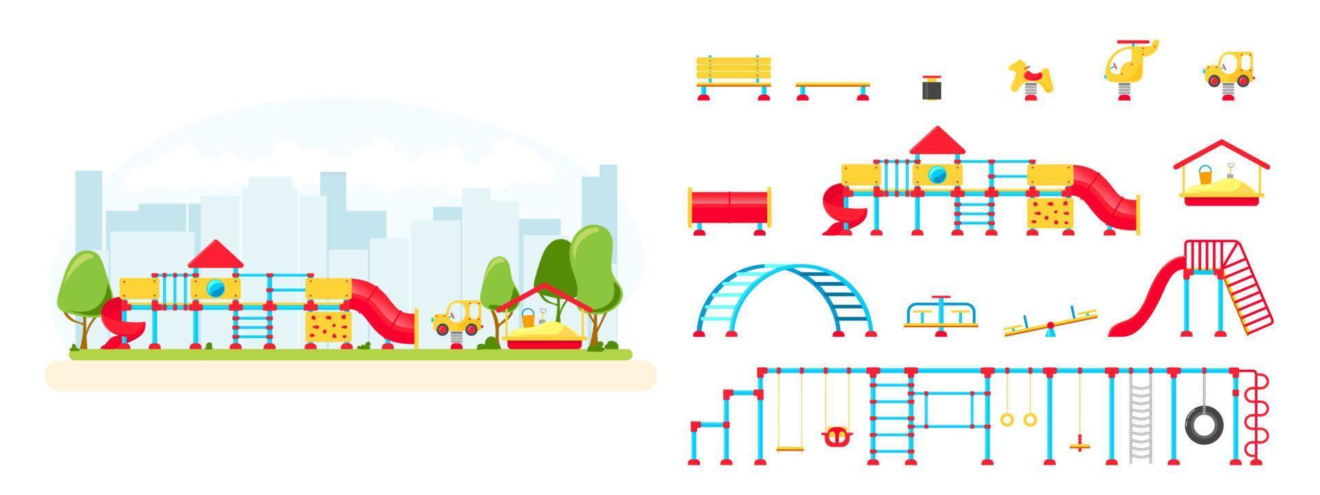 Kids playground. Set of playing equipment elements. City park concept. Vector illustration