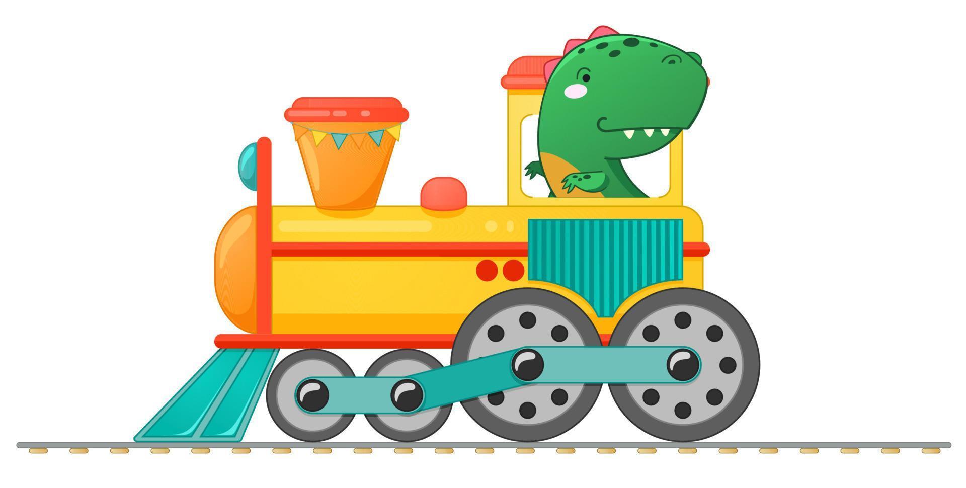 Train with cute little dinosaur in cartoon style. vector