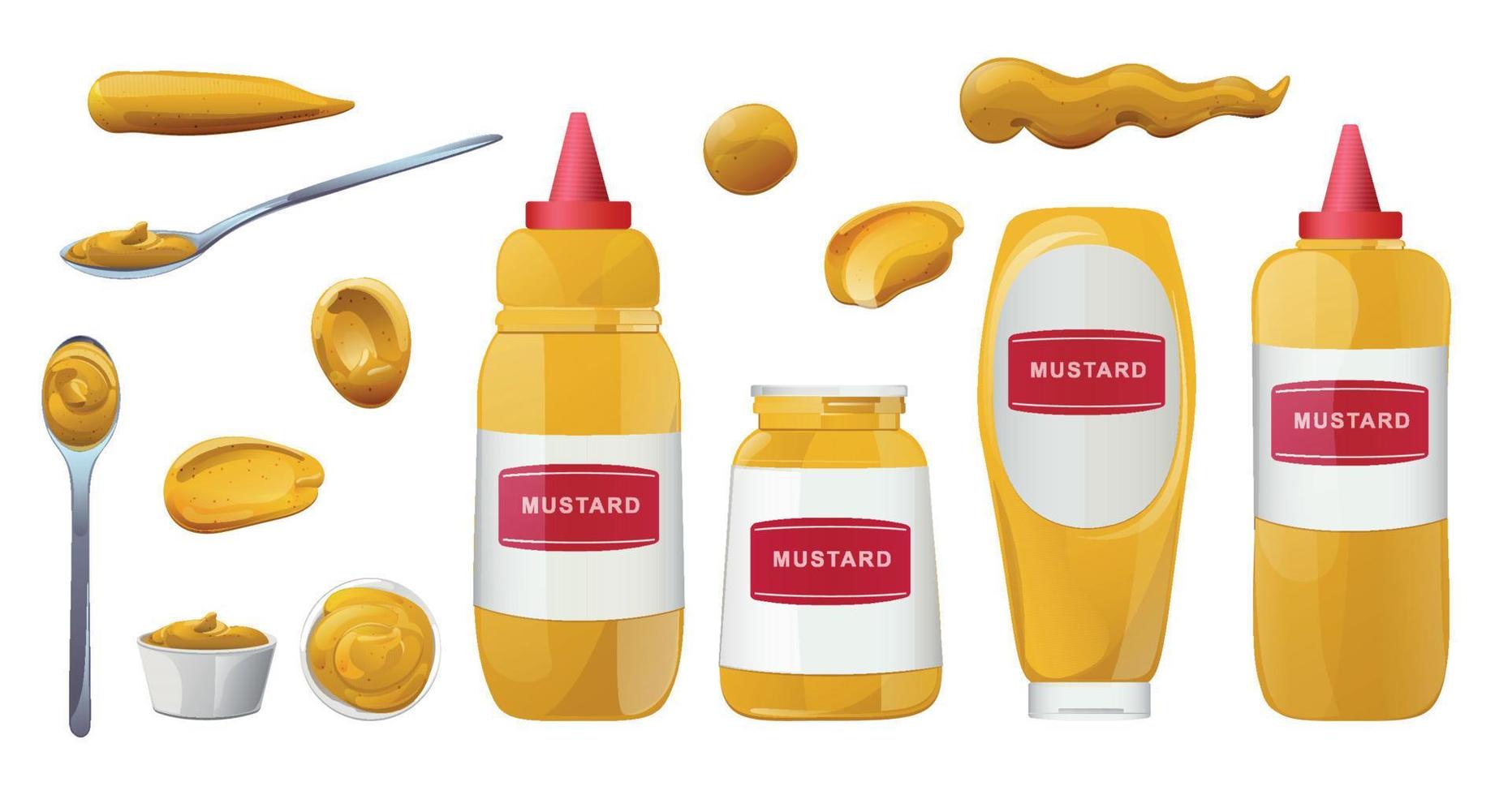 Mustard bottles and splashes set. Dijon honey sauce cream. Vector design in cartoon style for food branding.