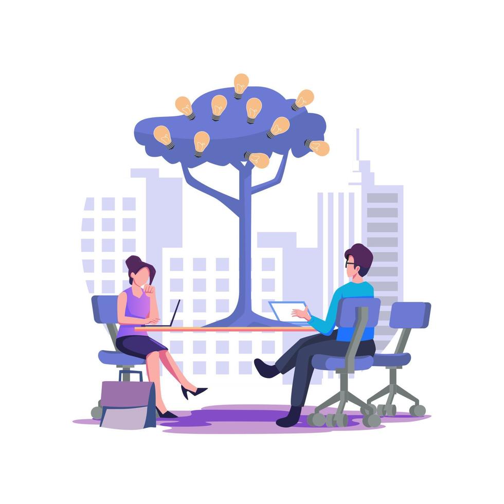 Business meetings and brainstorming tree with bulbs and ideas flat vector