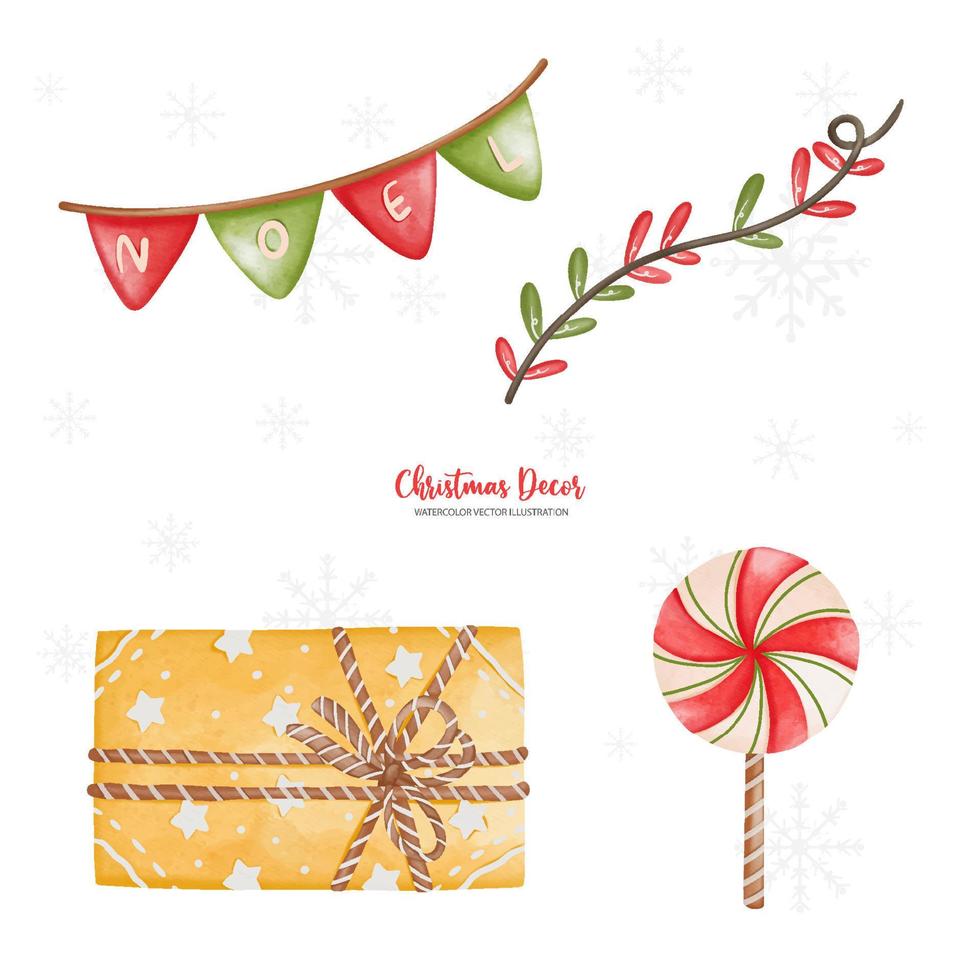 Watercolor Christmas Element, Noel flag, lollipop, Gift box, Watercolor Vector Illustration